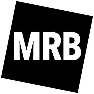 Murmester Rudi Bjelland AS logo som er MRB initialer inne i en svart firkant som er litt rotert til venstre.
