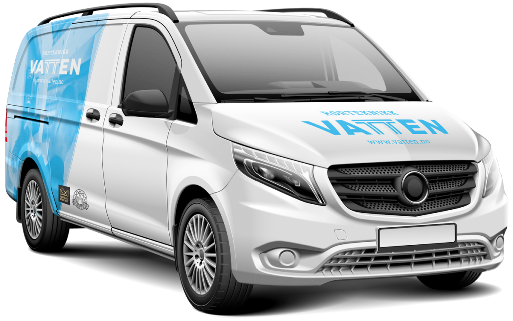En hvit varebil med Vatten logo på panseret og blå logo-dekorasjon på høyre side av bilen.